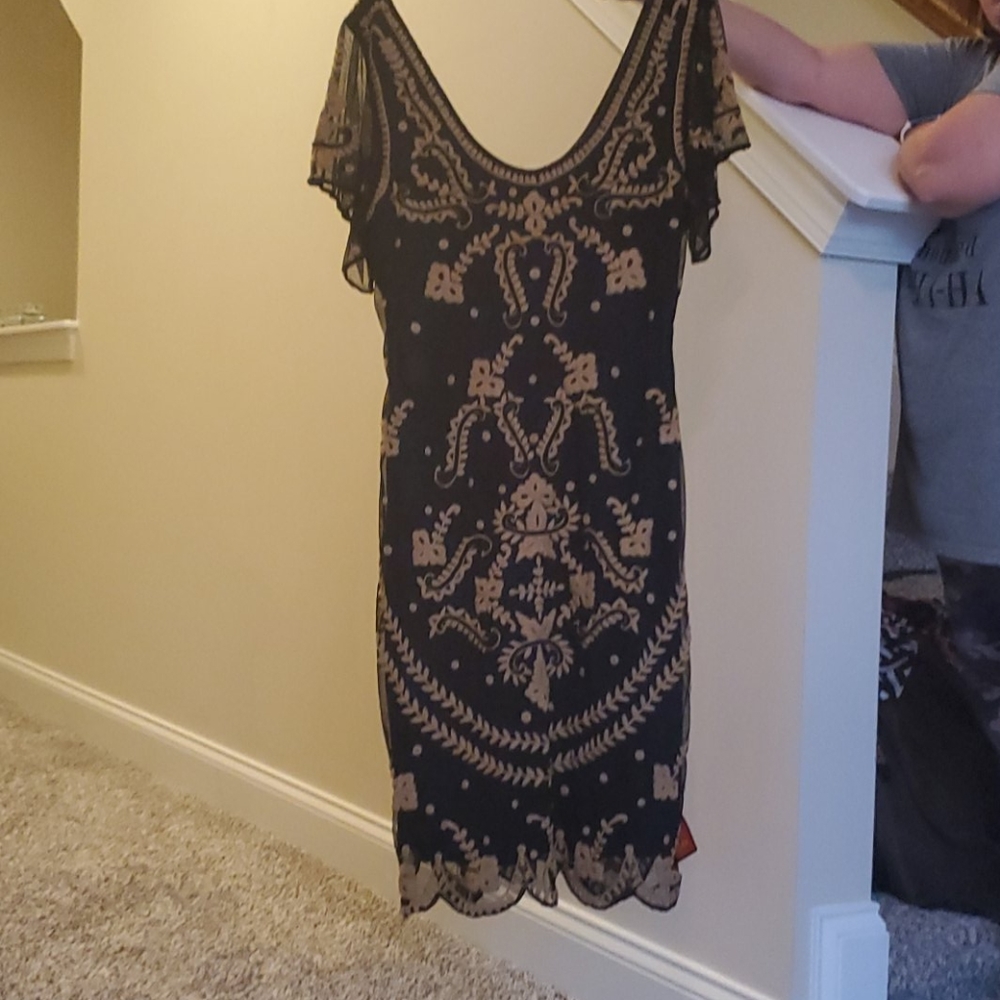Black and tan embroidered dress